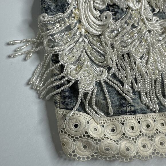 YMI Beaded Pearl Painted Denim Jacket Coquette Western Glam Festival Size S USA - Picture 6 of 13